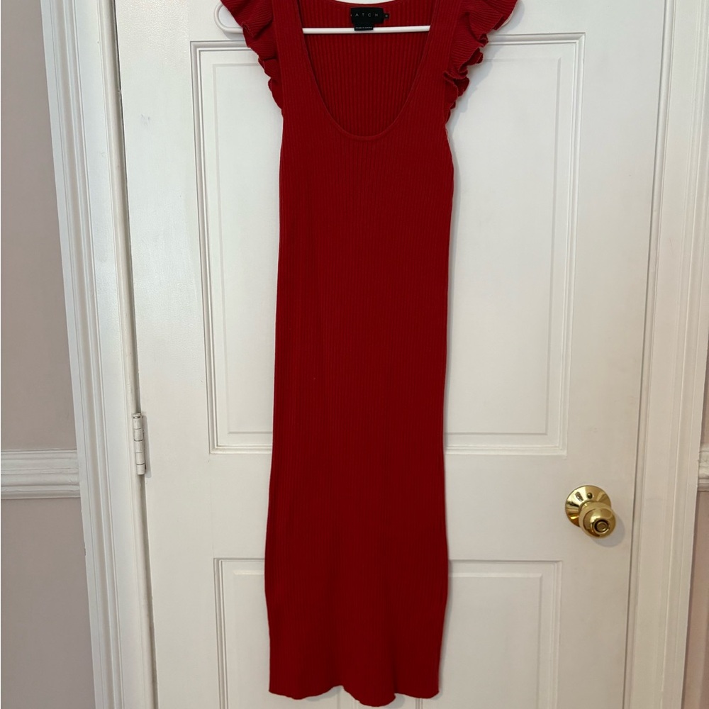 Hatch Collection Chloe Sweater Dress in Red with Ruffle shoulders - Picture 3 of 5
